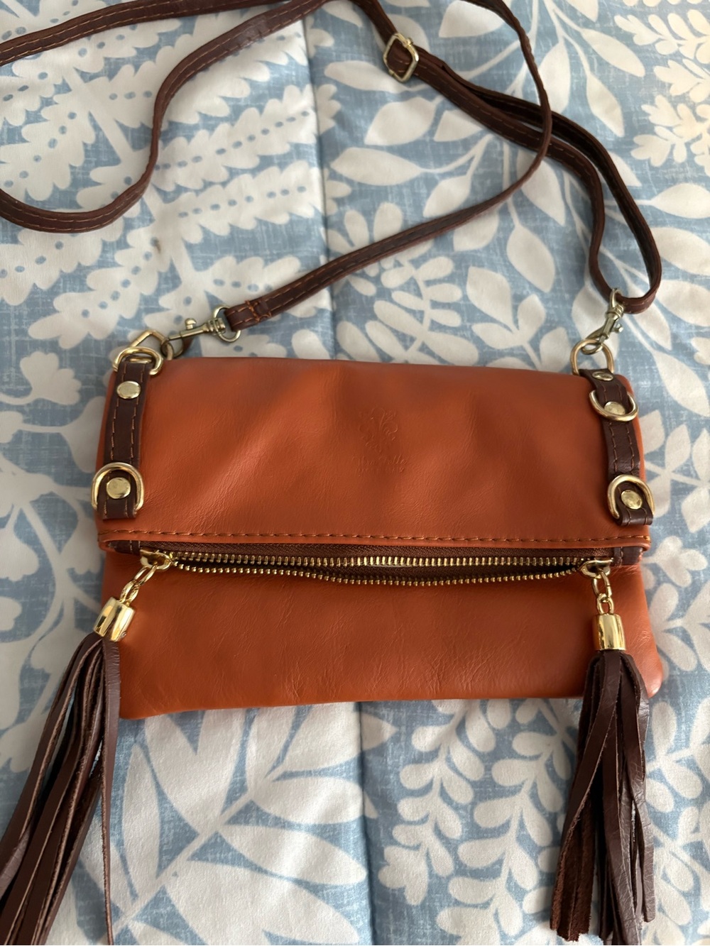 Italian Women's Orange Leather Crossbody Bag with Brown Strap and Tassels